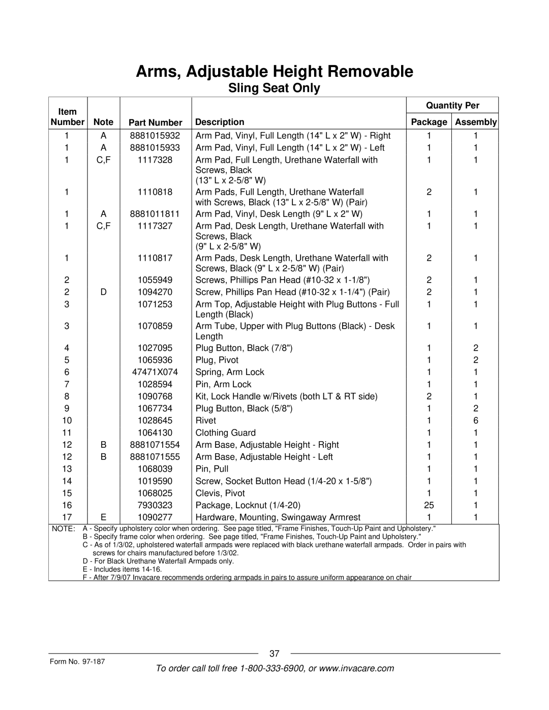 Invacare MWD manual Specify 