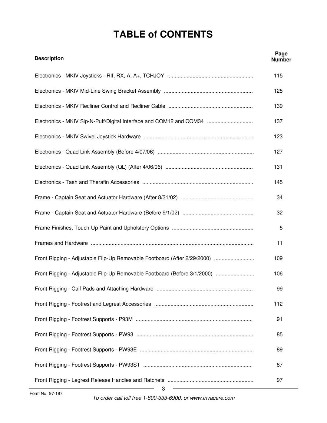 Invacare MWD manual Table of Contents 