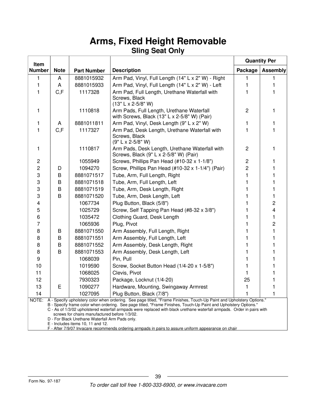 Invacare MWD manual Quantity Per Part Number Description Package Assembly 