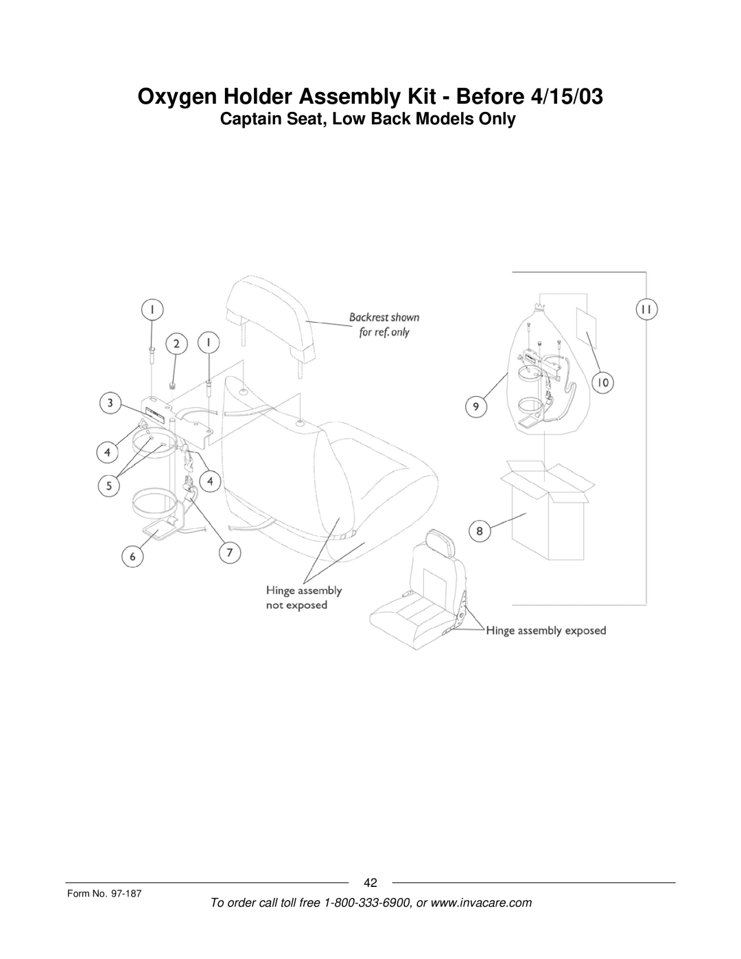 Invacare MWD manual Oxygen Holder Assembly Kit Before 4/15/03 