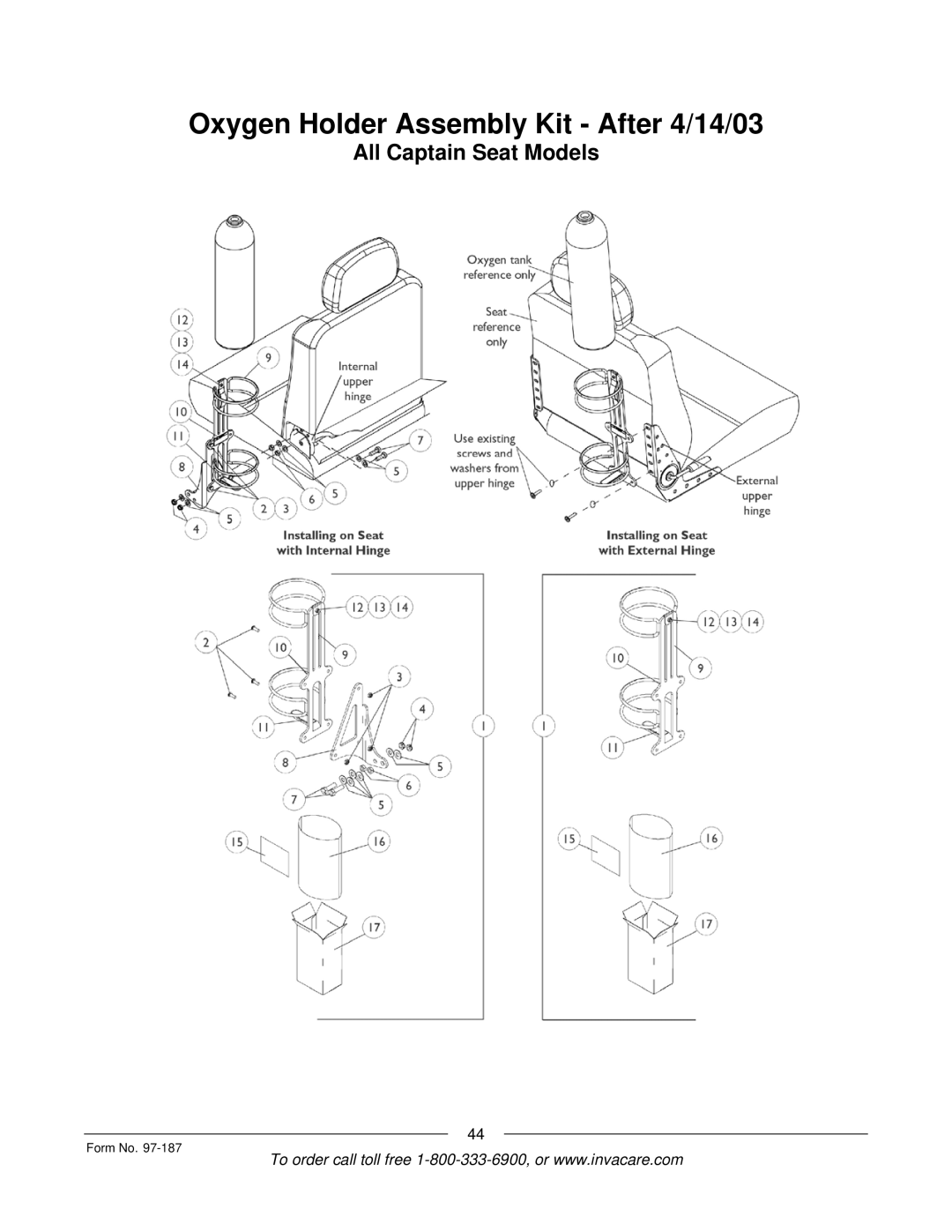 Invacare MWD manual Oxygen Holder Assembly Kit After 4/14/03 