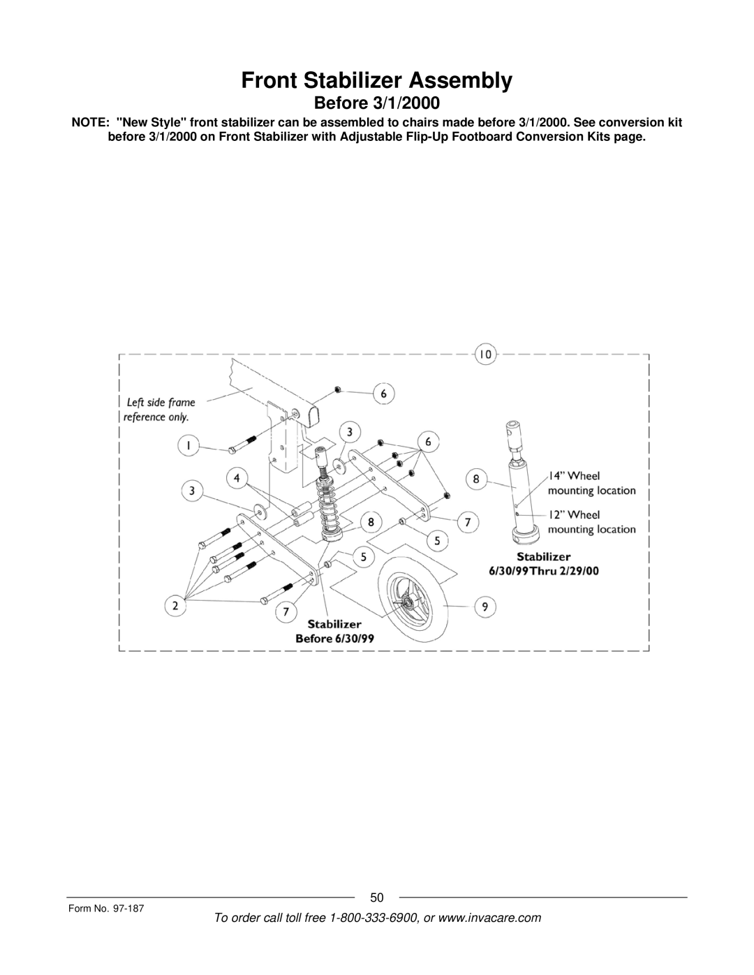 Invacare MWD manual Front Stabilizer Assembly, Before 3/1/2000 