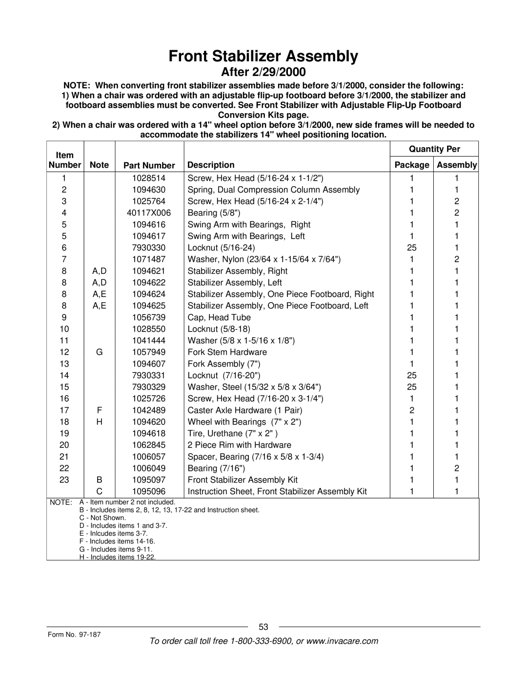 Invacare MWD manual Front Stabilizer Assembly 