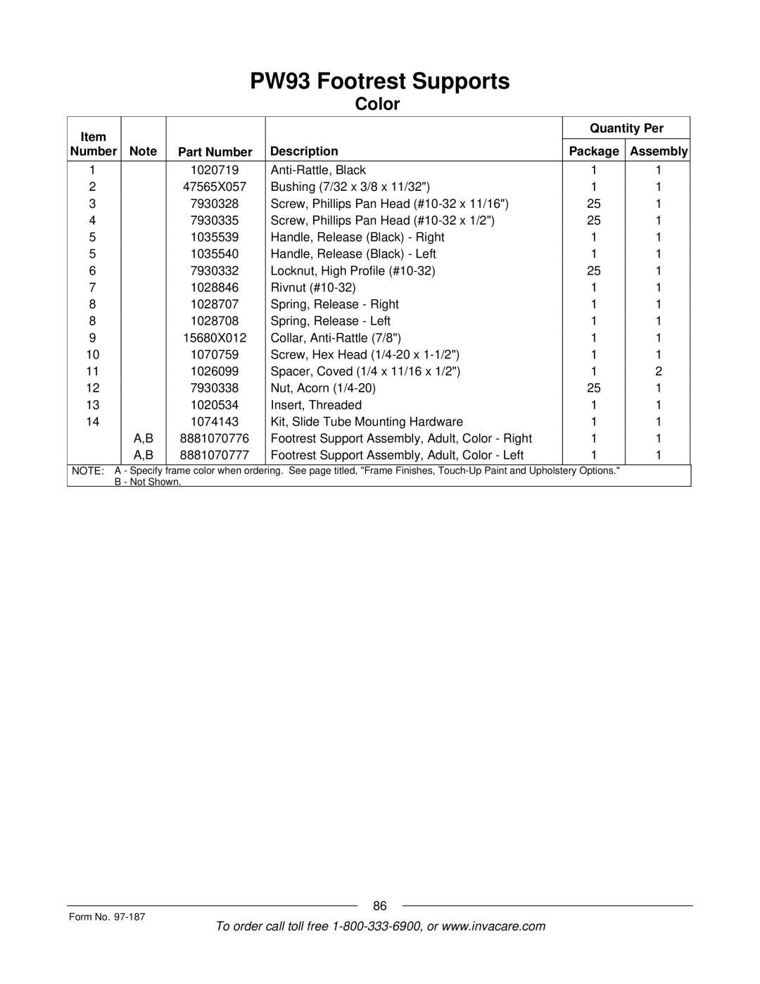 Invacare MWD manual Quantity Per Number Part Number Description Package Assembly 