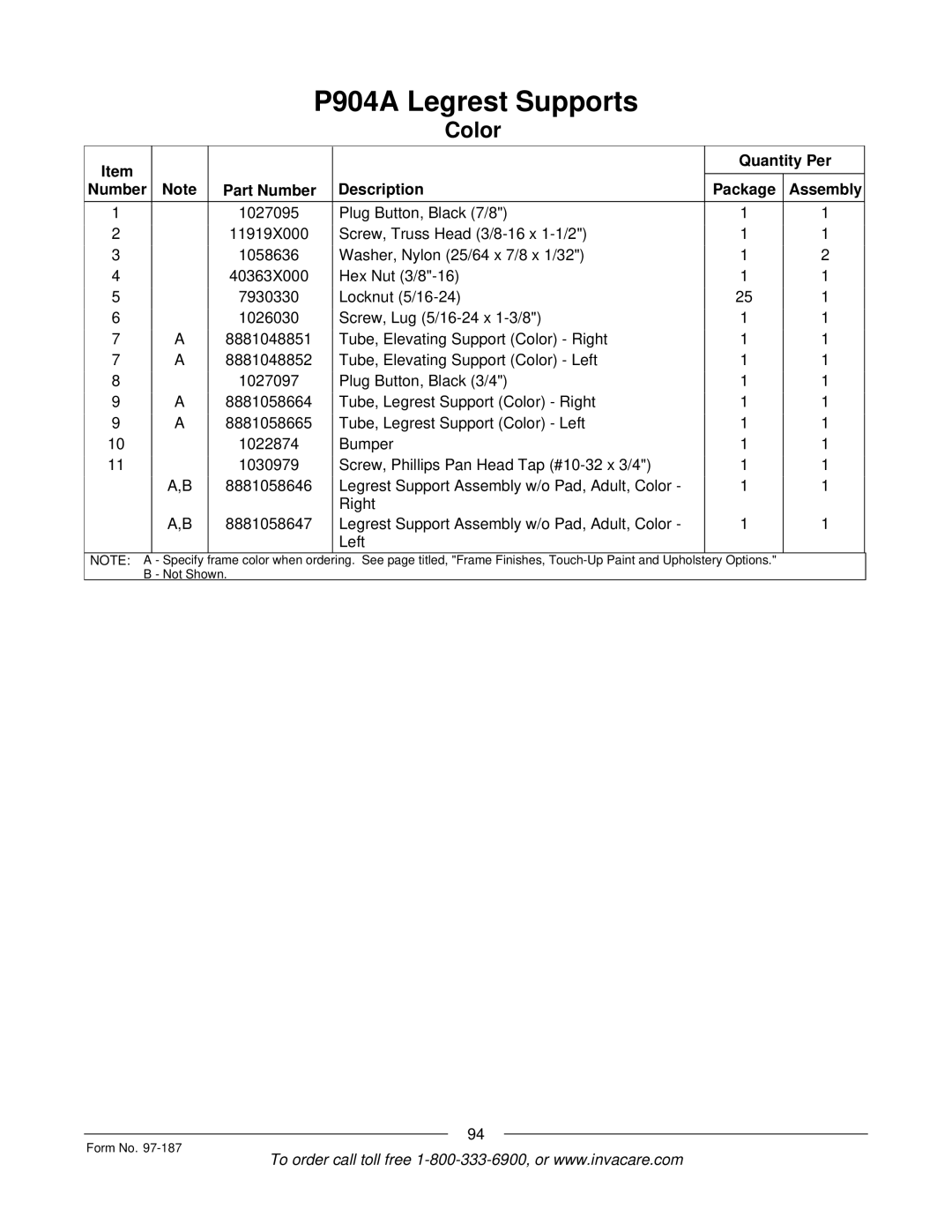 Invacare MWD manual Specify 