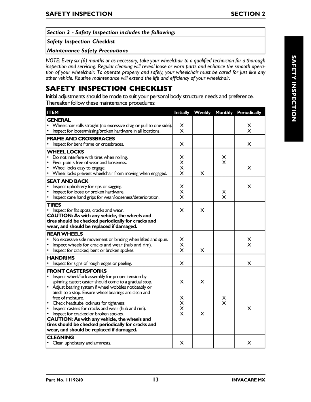 Invacare MX manual Safety Inspection Checklist, Safety Inspection Section 