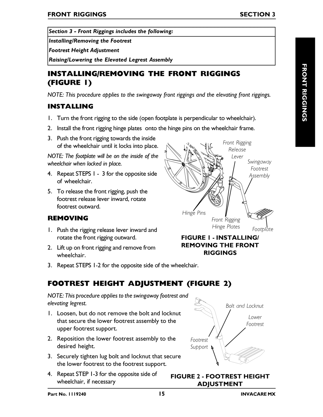 Invacare MX manual INSTALLING/REMOVING the Front Riggings Figure, Footrest Height Adjustment Figure, Installing, Removing 