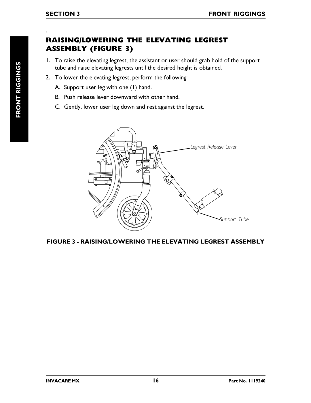 Invacare MX manual RAISING/LOWERING the Elevating Legrest Assembly Figure, Section Front Riggings 