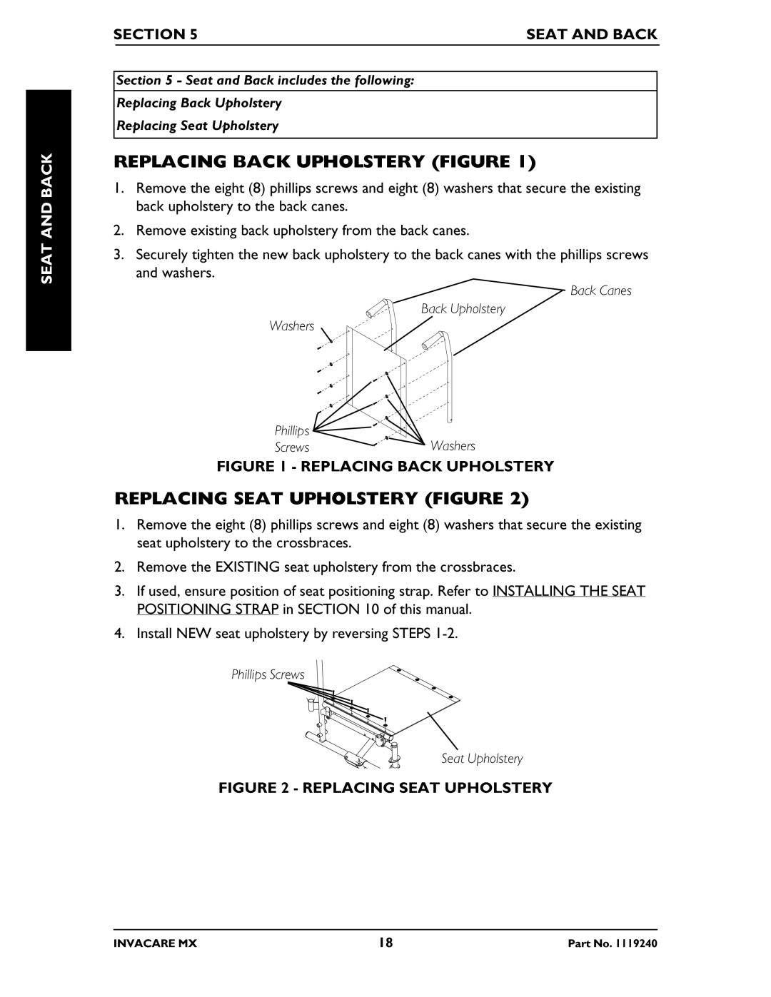 Invacare MX manual Replacing Back Upholstery Figure, Replacing Seat Upholstery Figure, Seat Backand, Section Seat and Back 