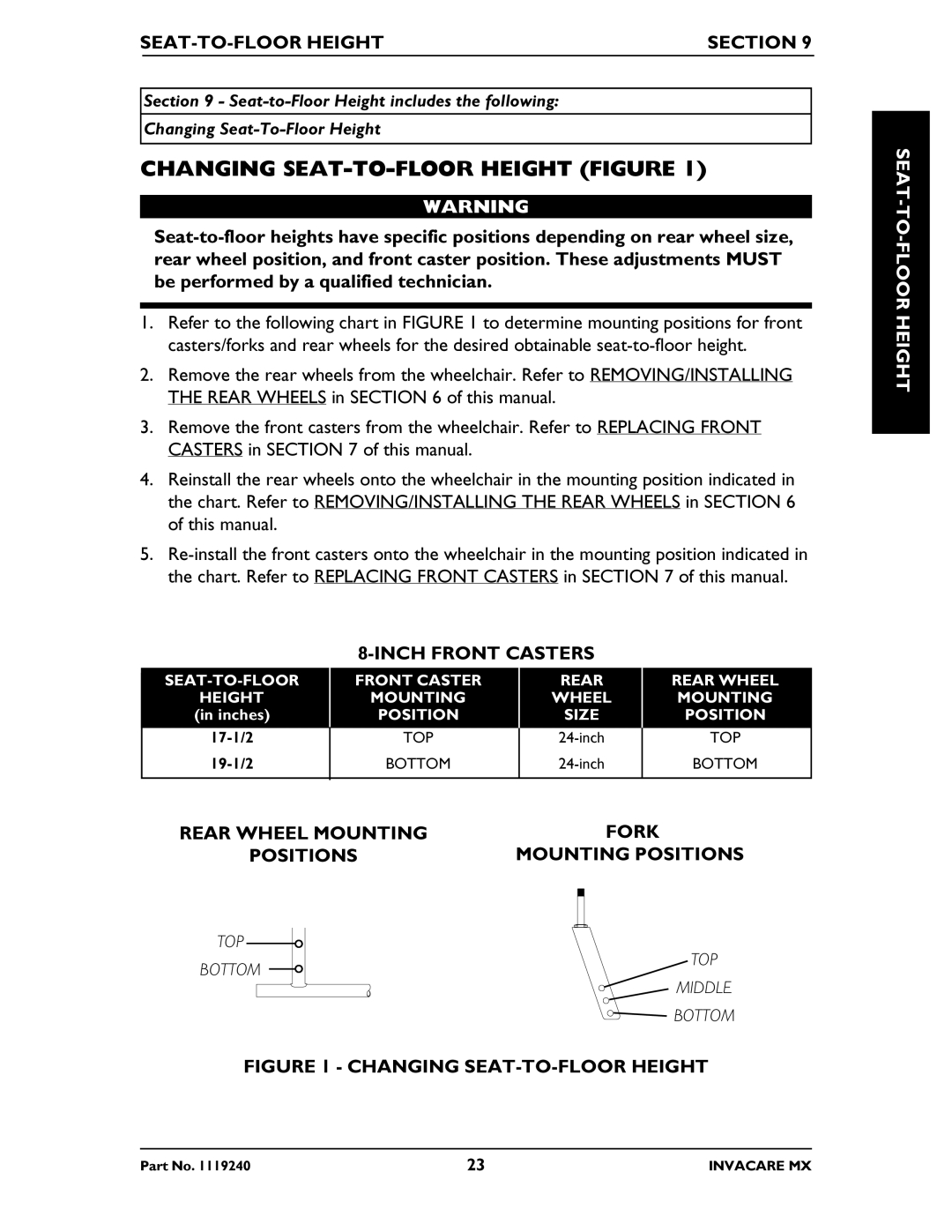 Invacare MX manual Changing SEAT-TO-FLOOR Height Figure, SEAT-TO-FLOOR Height Section, Inch Front Casters 