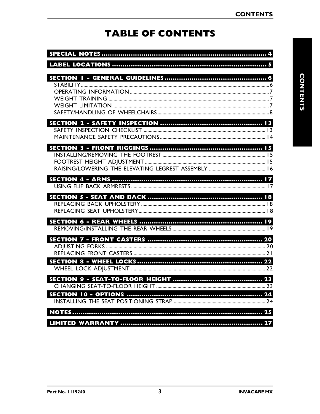 Invacare MX manual Table of Contents 