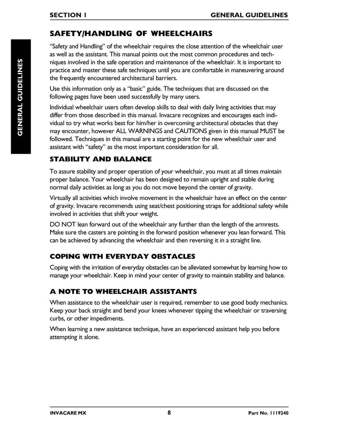 Invacare MX manual SAFETY/HANDLING of Wheelchairs, Stability and Balance, Coping with Everyday Obstacles 