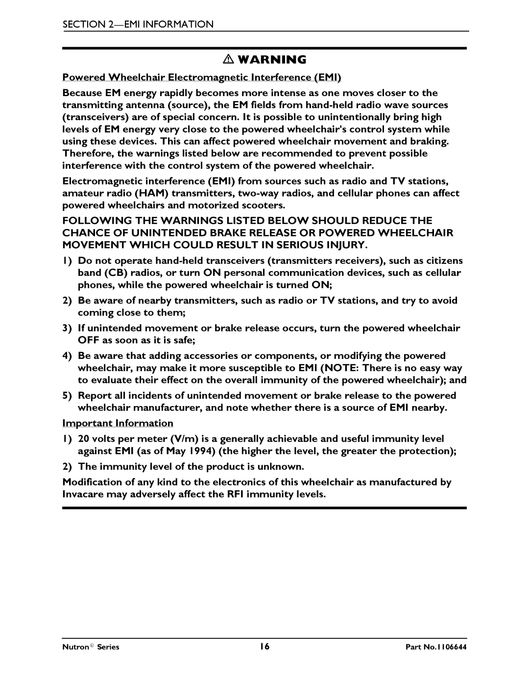 Invacare Nutron Series manual EMI Information 