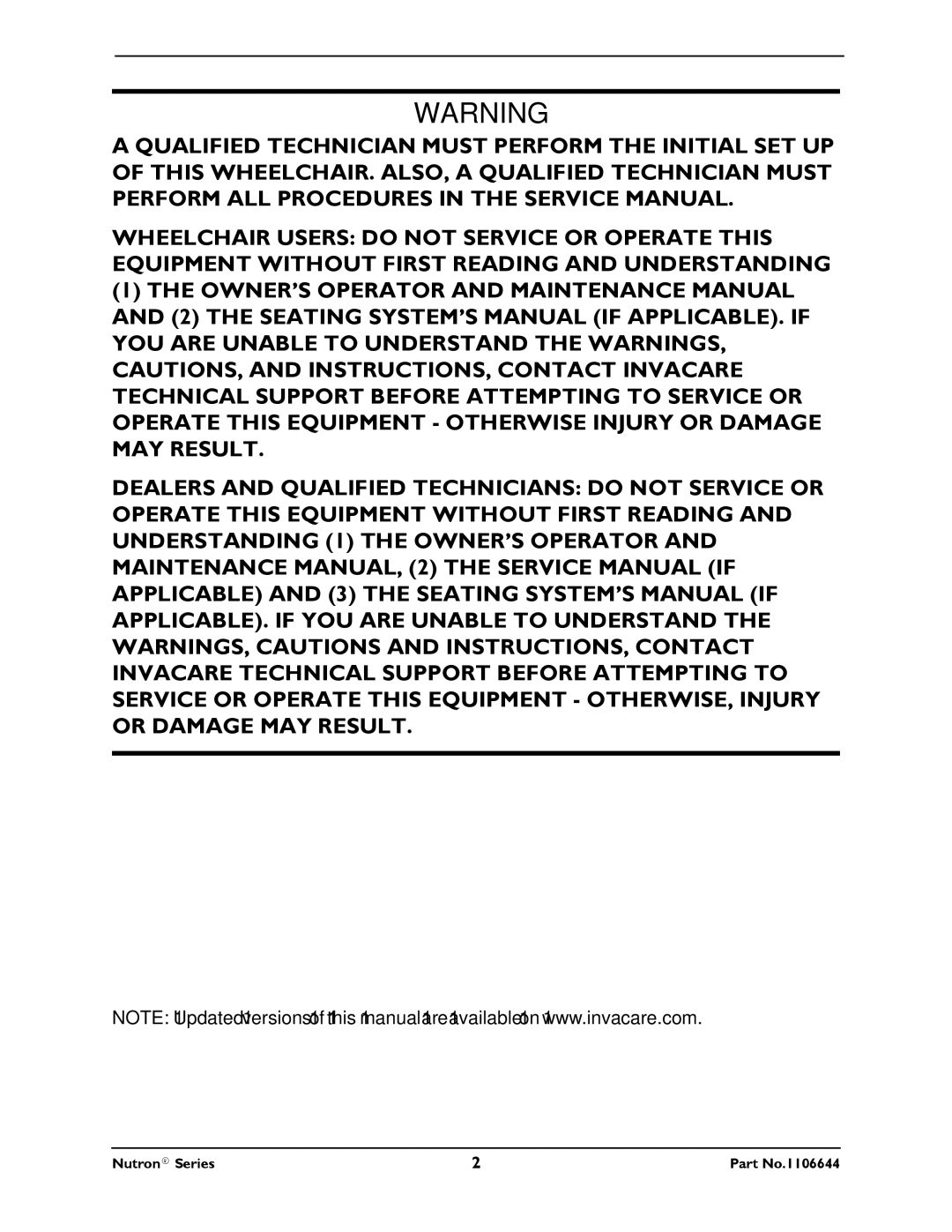 Invacare manual Nutron Series Part No.1106644 