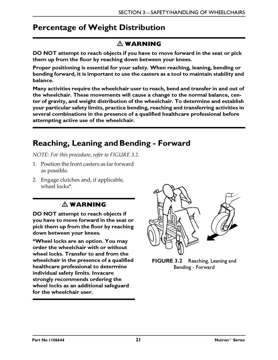 Invacare Nutron Series manual Percentage of Weight Distribution, Reaching, Leaning and Bending Forward 