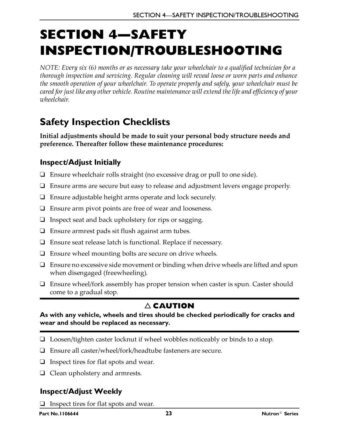 Invacare Nutron Series manual Safety INSPECTION/TROUBLESHOOTING, Safety Inspection Checklists, Inspect/Adjust Initially 