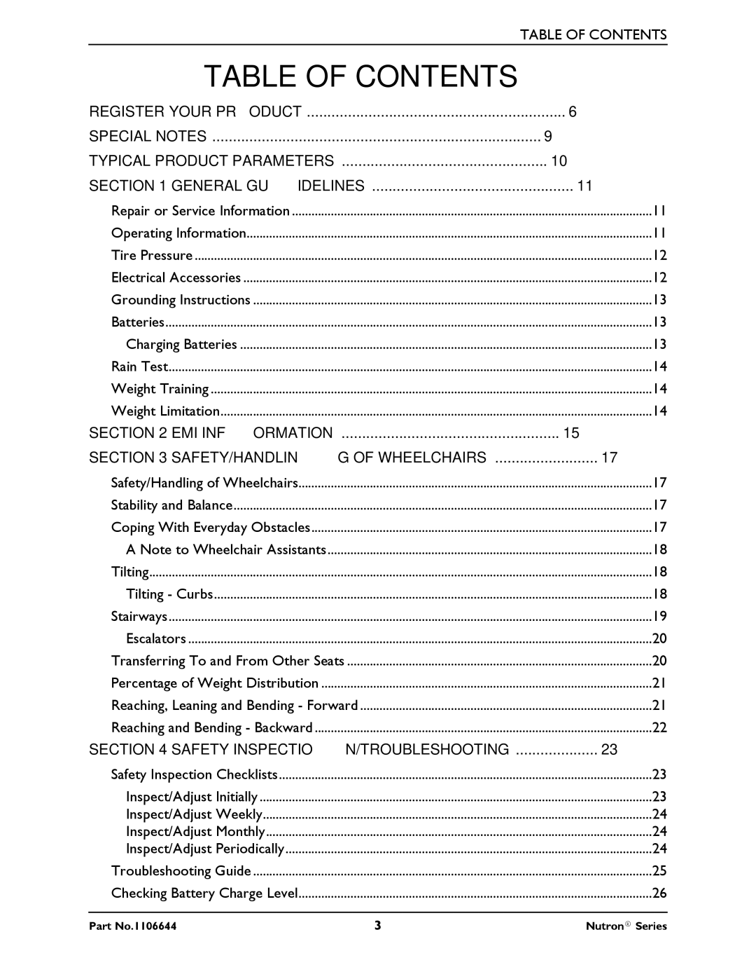 Invacare Nutron Series manual Table of Contents 