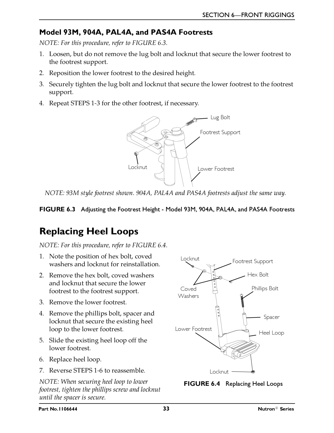 Invacare Nutron Series manual Replacing Heel Loops, Model 93M, 904A, PAL4A, and PAS4A Footrests 