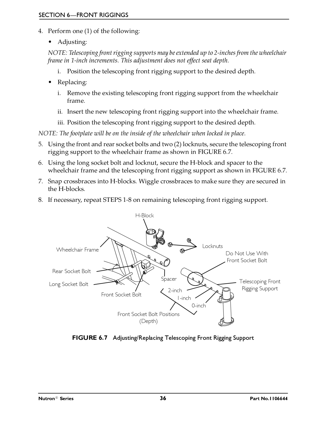 Invacare Nutron Series manual Adjusting/Replacing Telescoping Front Rigging Support 