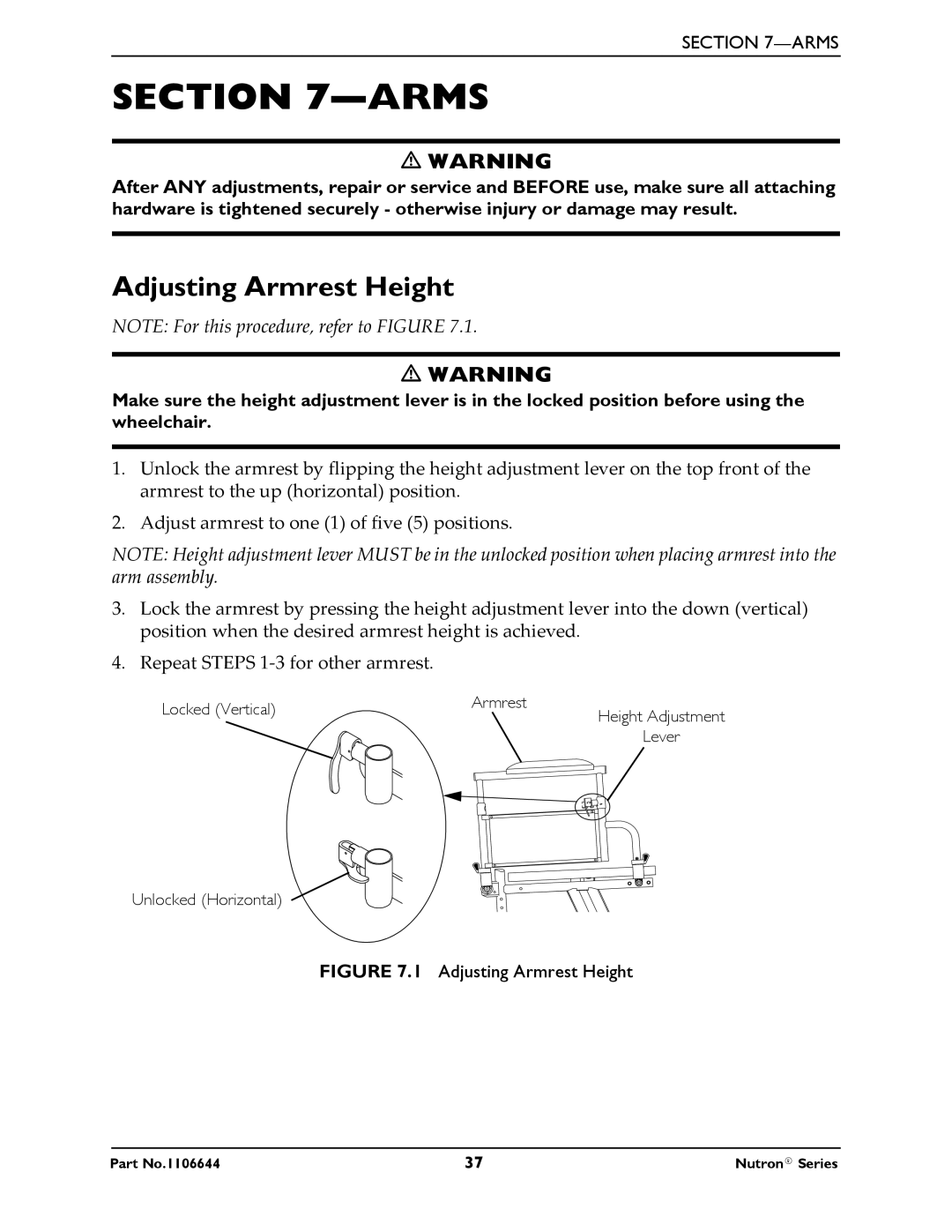 Invacare Nutron Series manual Arms, Adjusting Armrest Height 