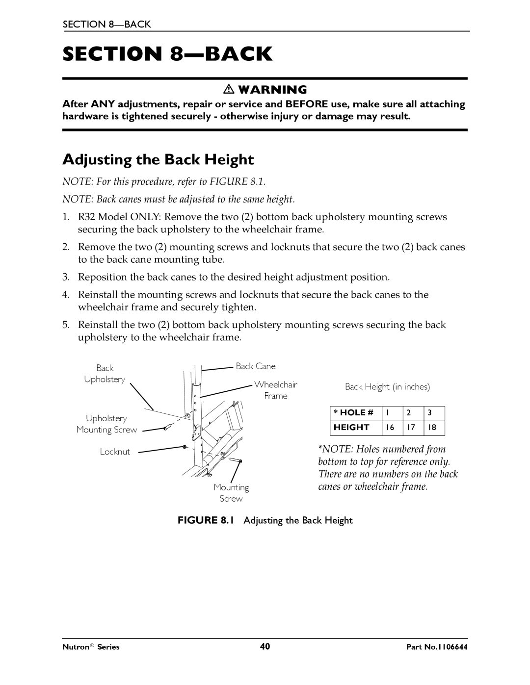 Invacare Nutron Series manual Adjusting the Back Height 