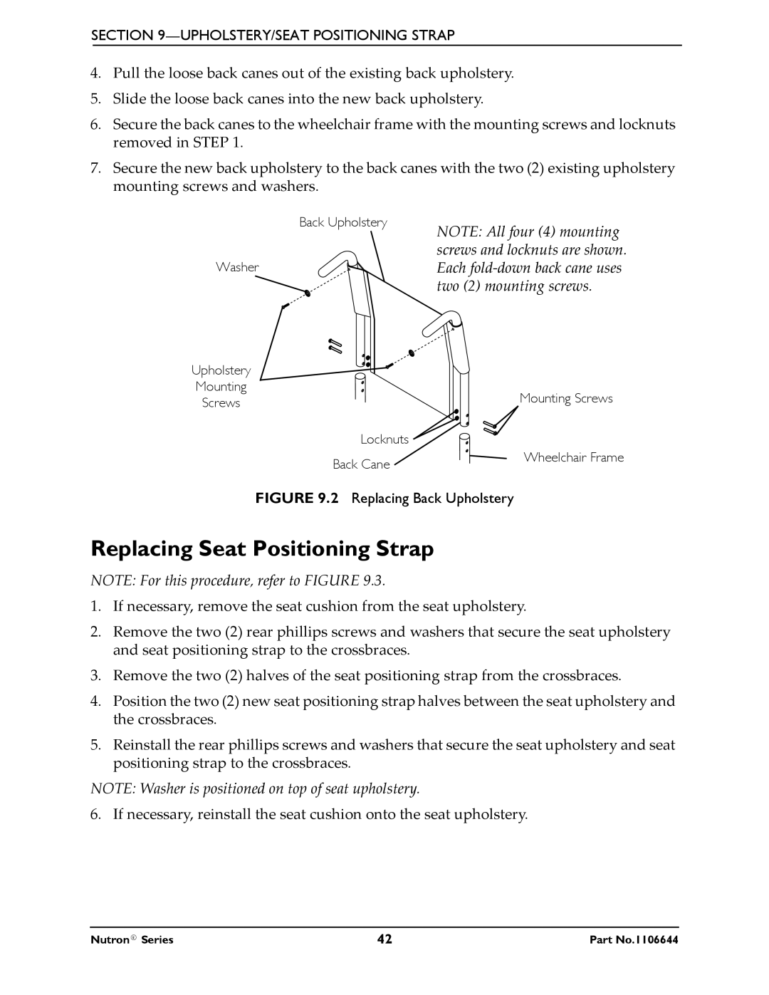 Invacare Nutron Series manual Replacing Seat Positioning Strap, Replacing Back Upholstery 
