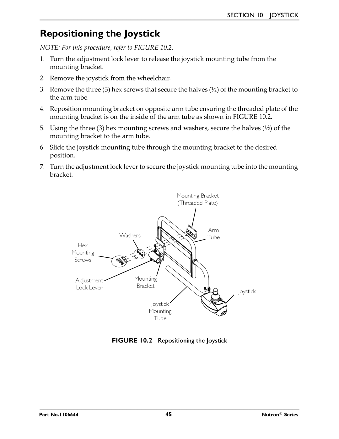 Invacare Nutron Series manual Repositioning the Joystick 