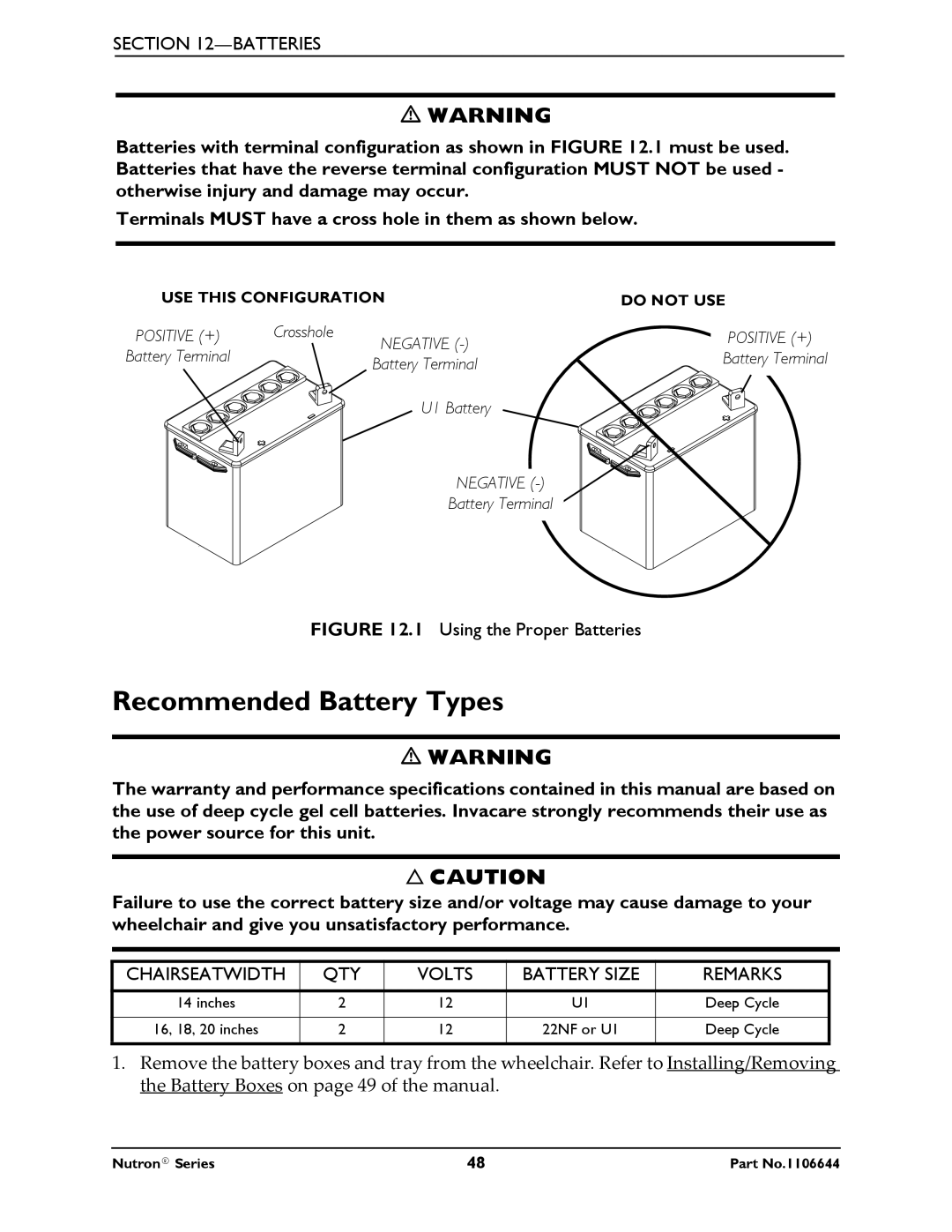 Invacare Nutron Series manual Recommended Battery Types, Using the Proper Batteries 