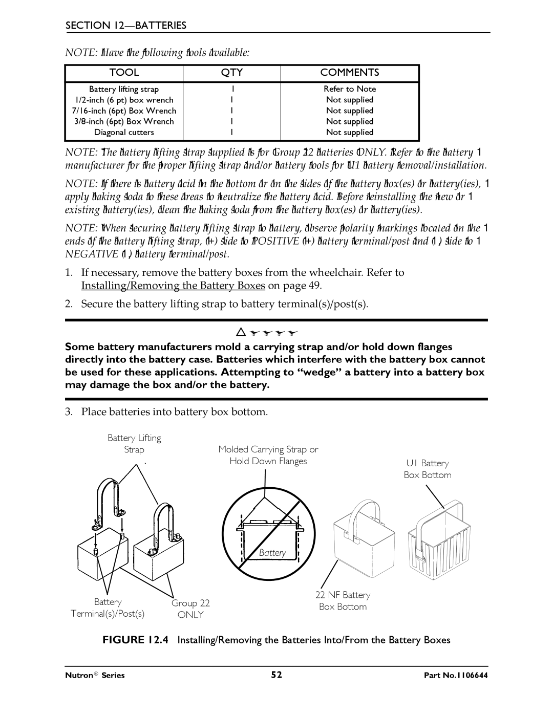 Invacare Nutron Series manual Place batteries into battery box bottom 