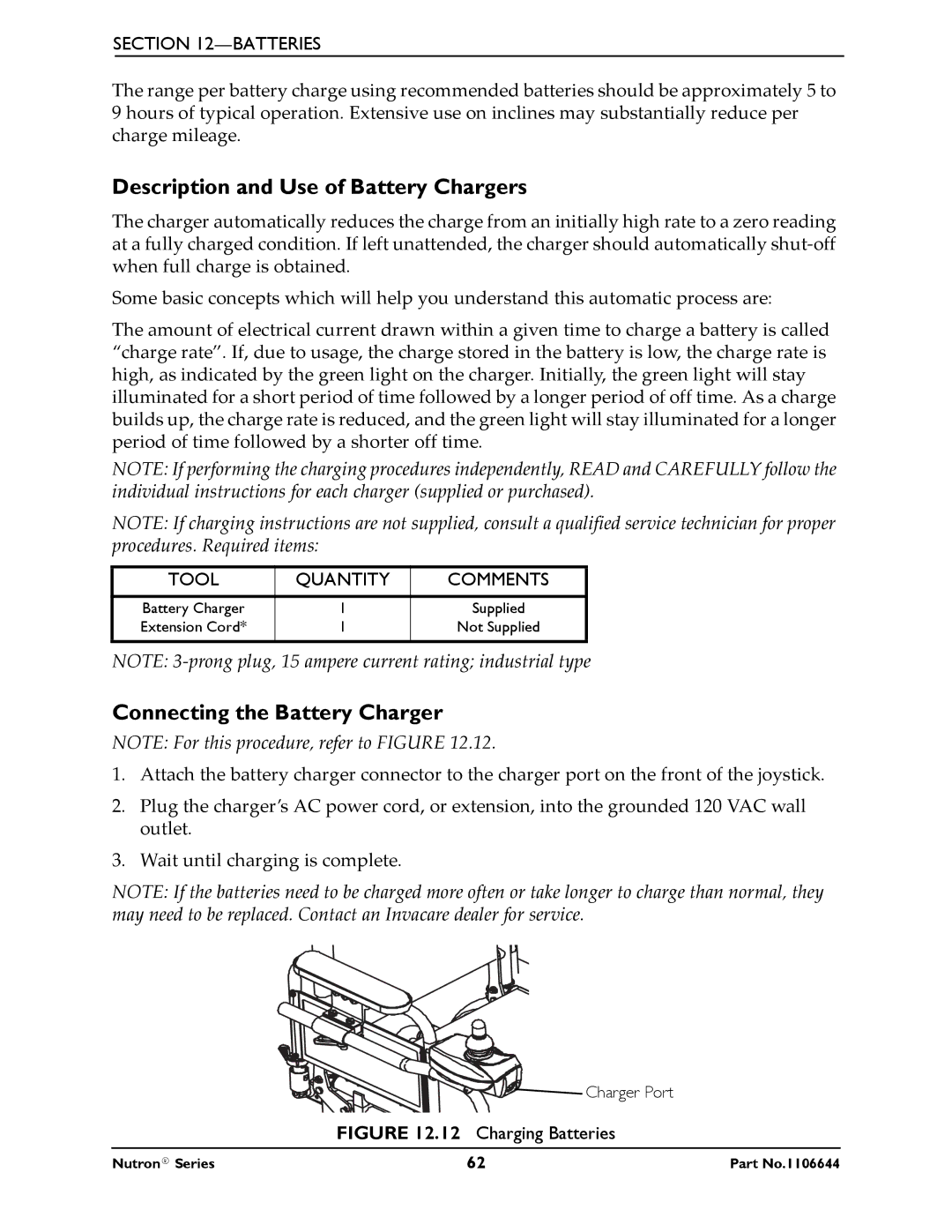 Invacare Nutron Series manual Description and Use of Battery Chargers, Connecting the Battery Charger 