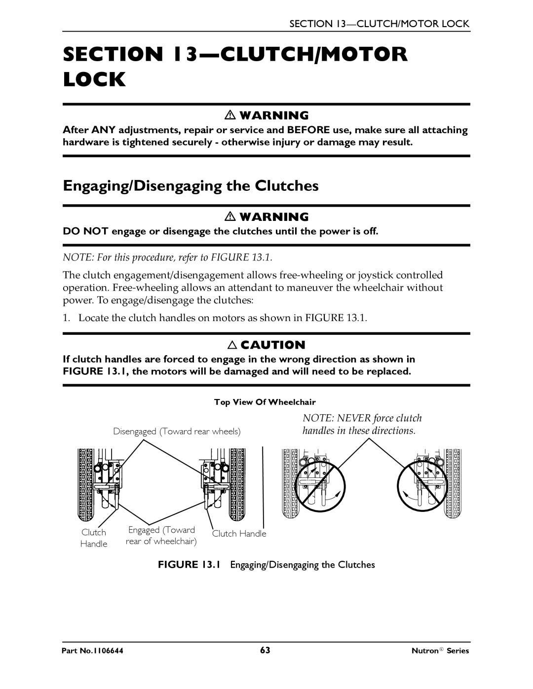 Invacare Nutron Series manual CLUTCH/MOTOR Lock, Engaging/Disengaging the Clutches 