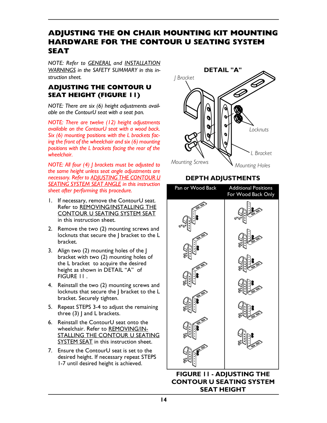 Invacare OCMK78, OCMK01 Adjusting the Contour U Seat Height Figure, Adjusting the Contour U Seating System Seat Height 