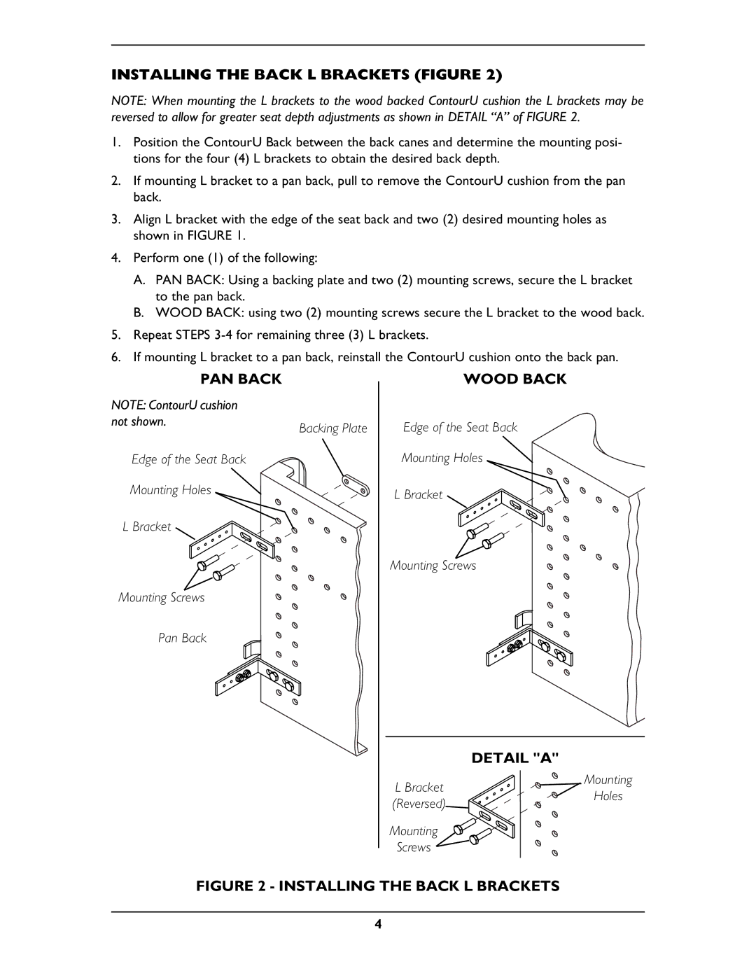 Invacare OCMK78, OCMK01 operating instructions Installing the Back L Brackets Figure, PAN Back, Wood Back 