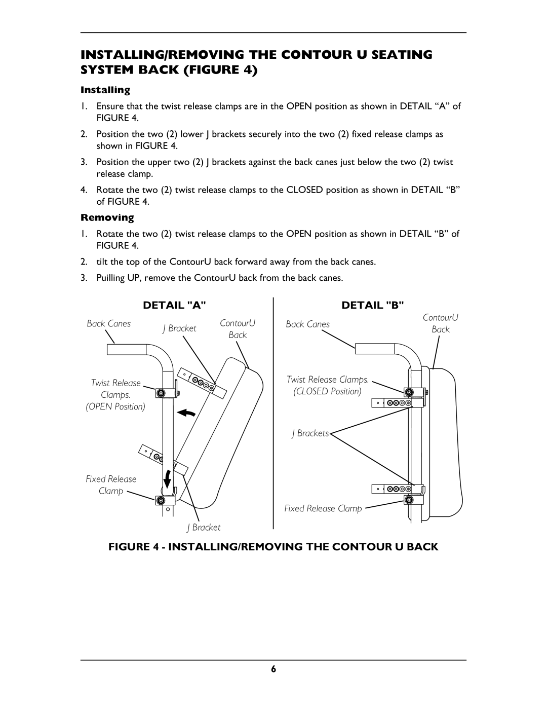 Invacare OCMK78, OCMK01 operating instructions Detail a Detail B, INSTALLING/REMOVING the Contour U Back 