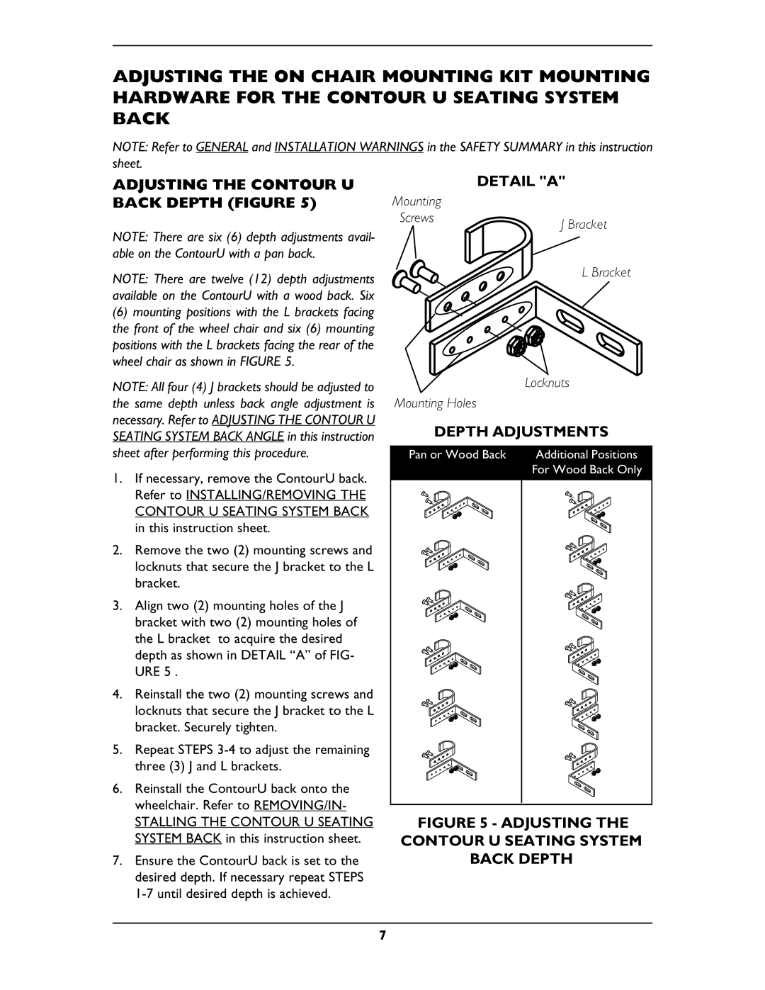 Invacare OCMK01, OCMK78 operating instructions Adjusting the Contour U Back Depth Figure, Depth Adjustments 