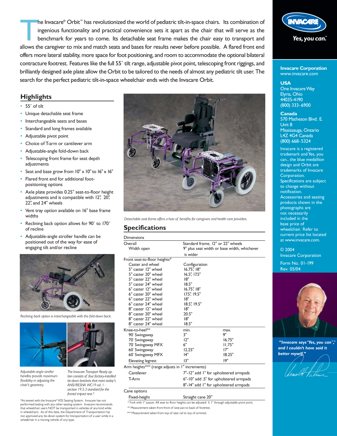 Invacare Orbit, 01-199 manual Highlights, Specifications, Invacare Corporation, Usa, Canada 