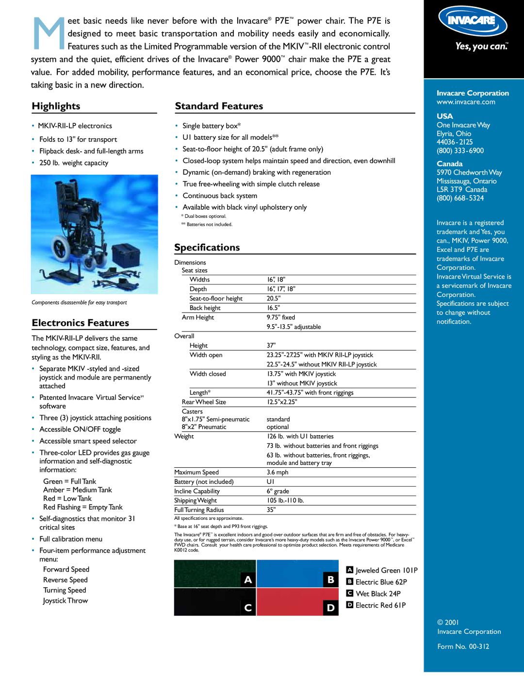 Invacare P7E specifications Highlights, Electronics Features, Standard Features, Specifications, Usa 