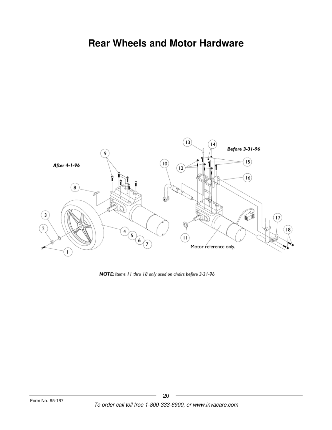 Invacare P7ETM manual Rear Wheels and Motor Hardware 