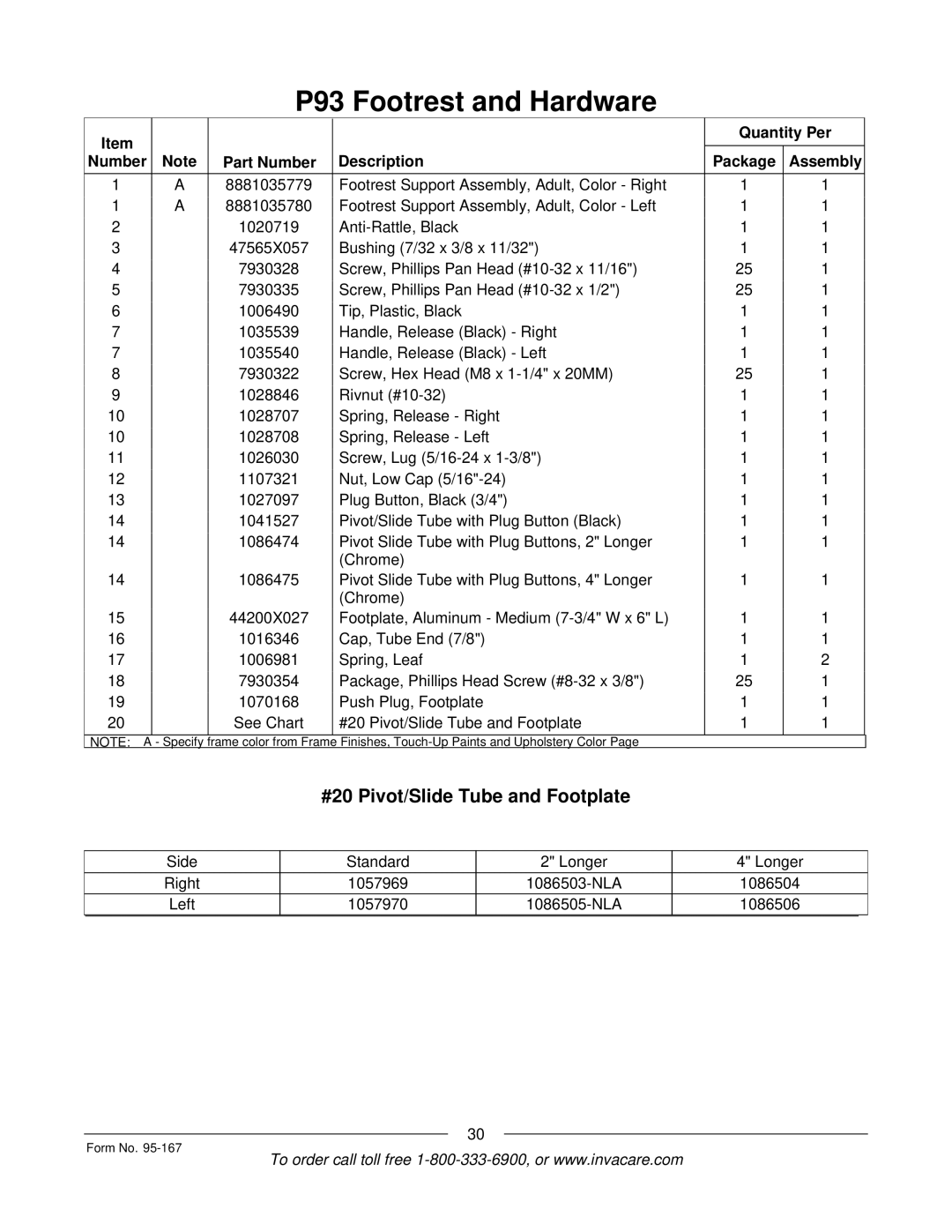 Invacare P7ETM manual #20 Pivot/Slide Tube and Footplate 