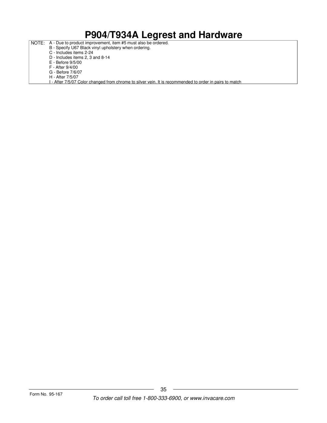 Invacare P7ETM manual P904/T934A Legrest and Hardware 