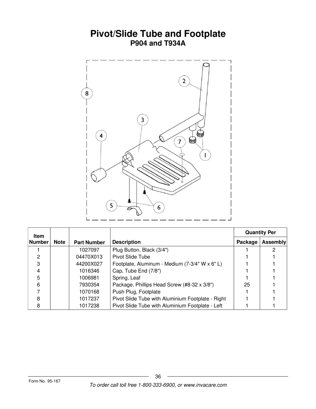 Invacare P7ETM manual Pivot/Slide Tube and Footplate, P904 and T934A 