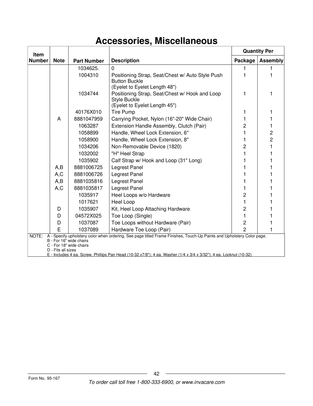 Invacare P7ETM manual Accessories, Miscellaneous 