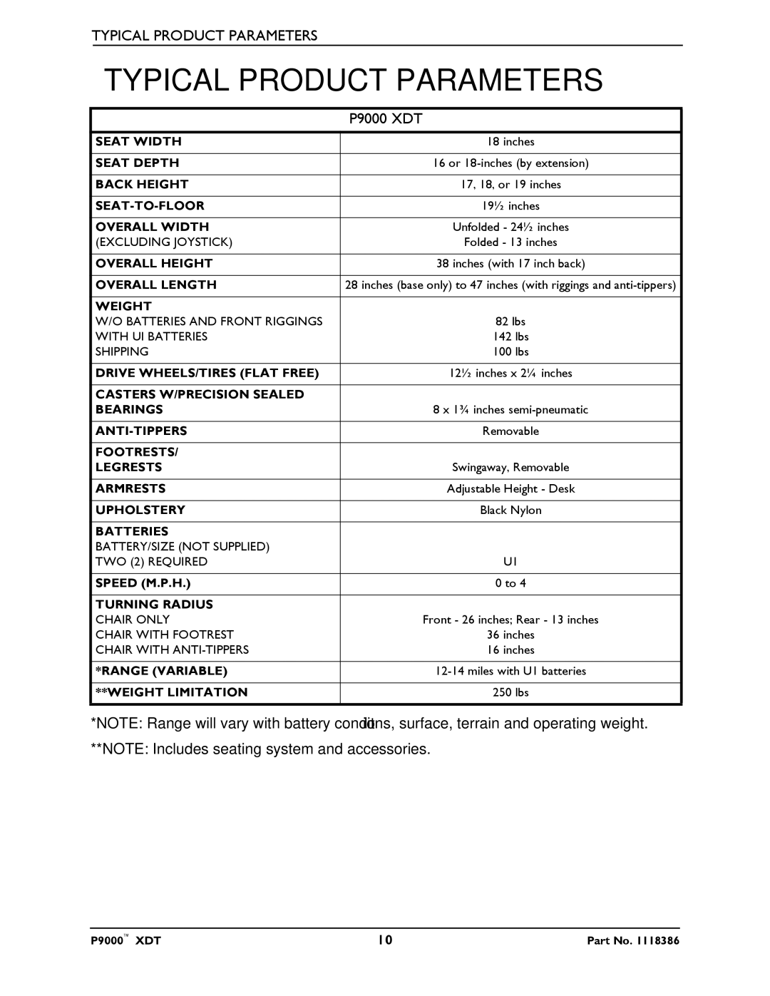 Invacare P9000 XDT manual Typical Product Parameters 