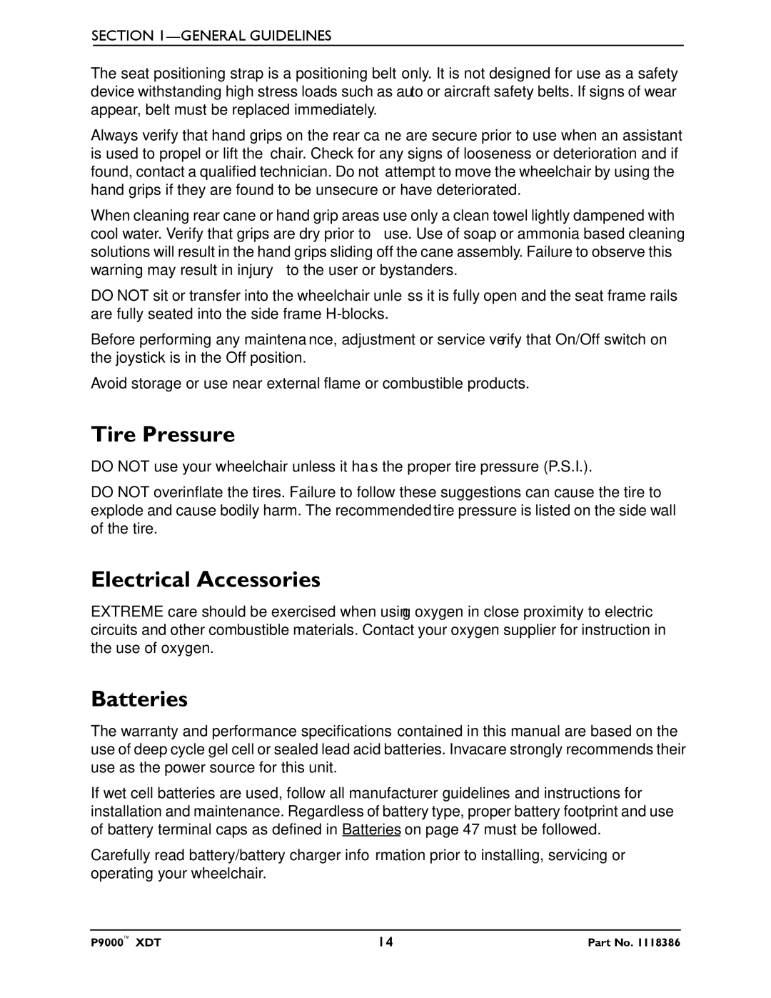 Invacare P9000 XDT manual Tire Pressure, Electrical Accessories, Batteries 