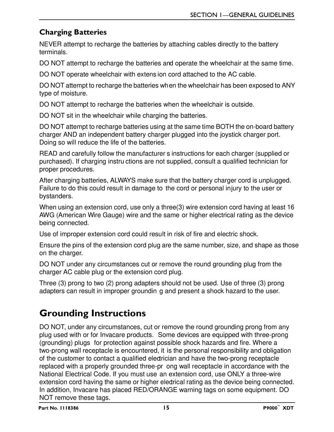 Invacare P9000 XDT manual Grounding Instructions, Charging Batteries 