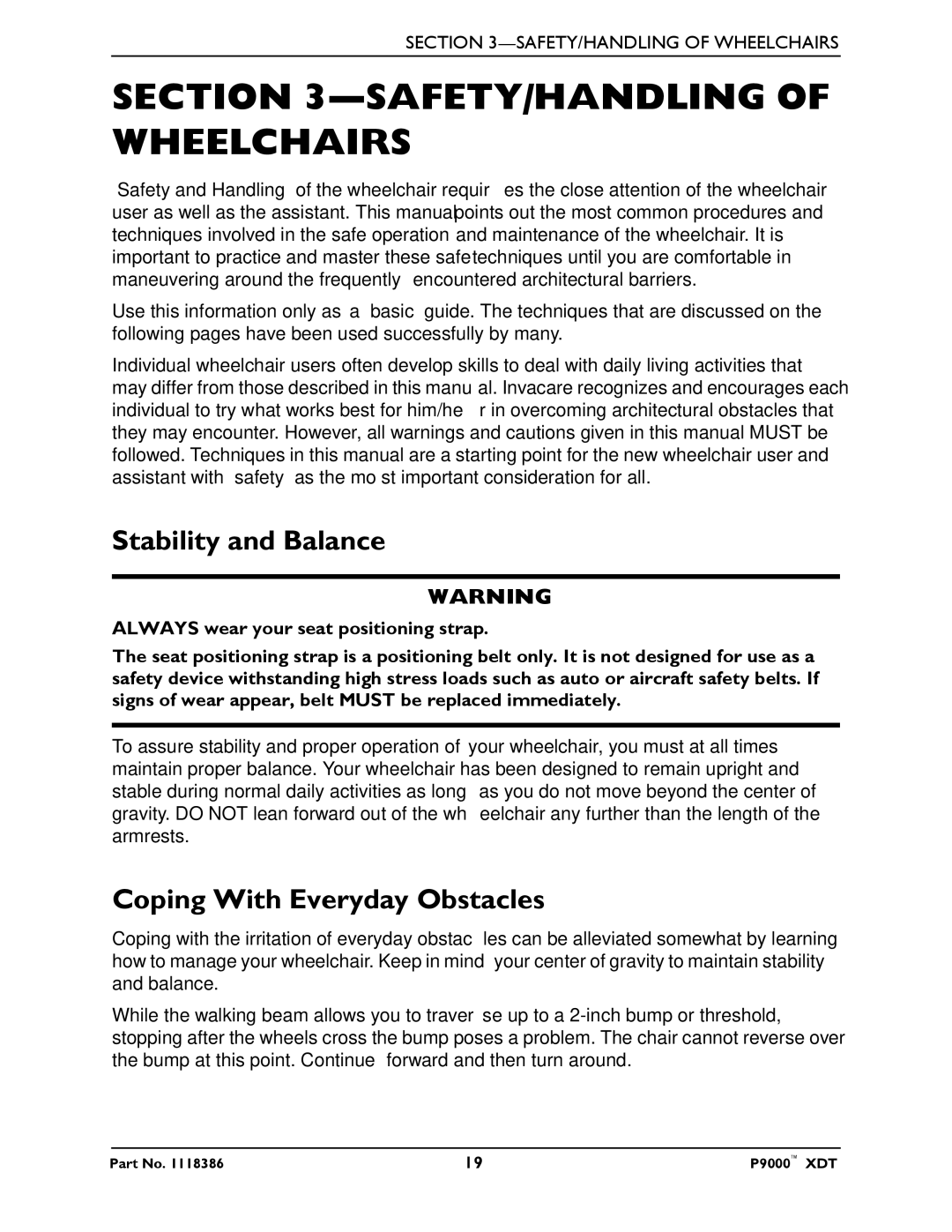 Invacare P9000 XDT manual SAFETY/HANDLING of Wheelchairs, Stability and Balance, Coping With Everyday Obstacles 