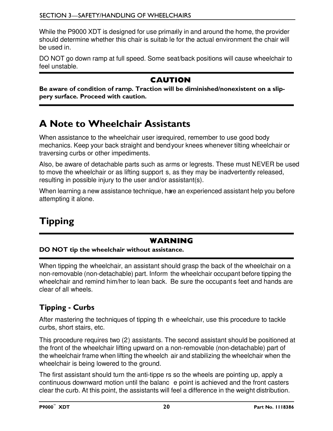 Invacare P9000 XDT manual Tipping Curbs 