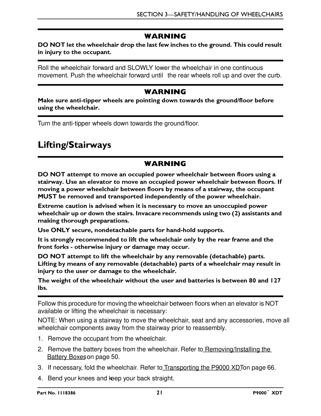 Invacare P9000 XDT manual Lifting/Stairways 