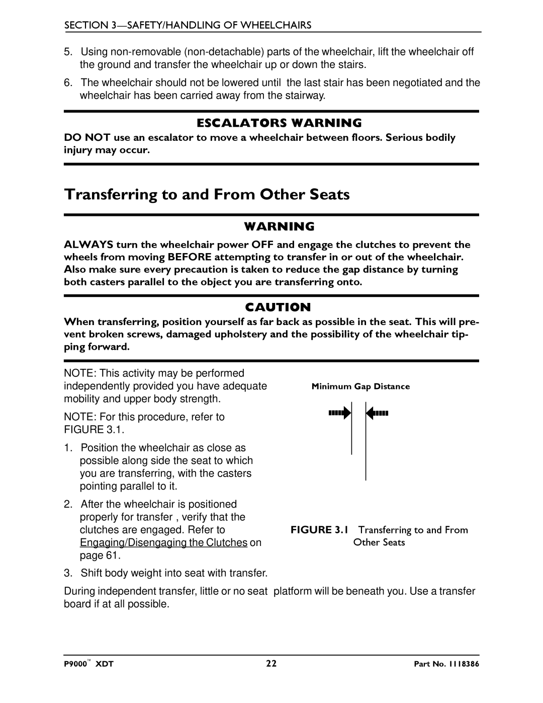 Invacare P9000 XDT manual Transferring to and From Other Seats, Escalators Warning 