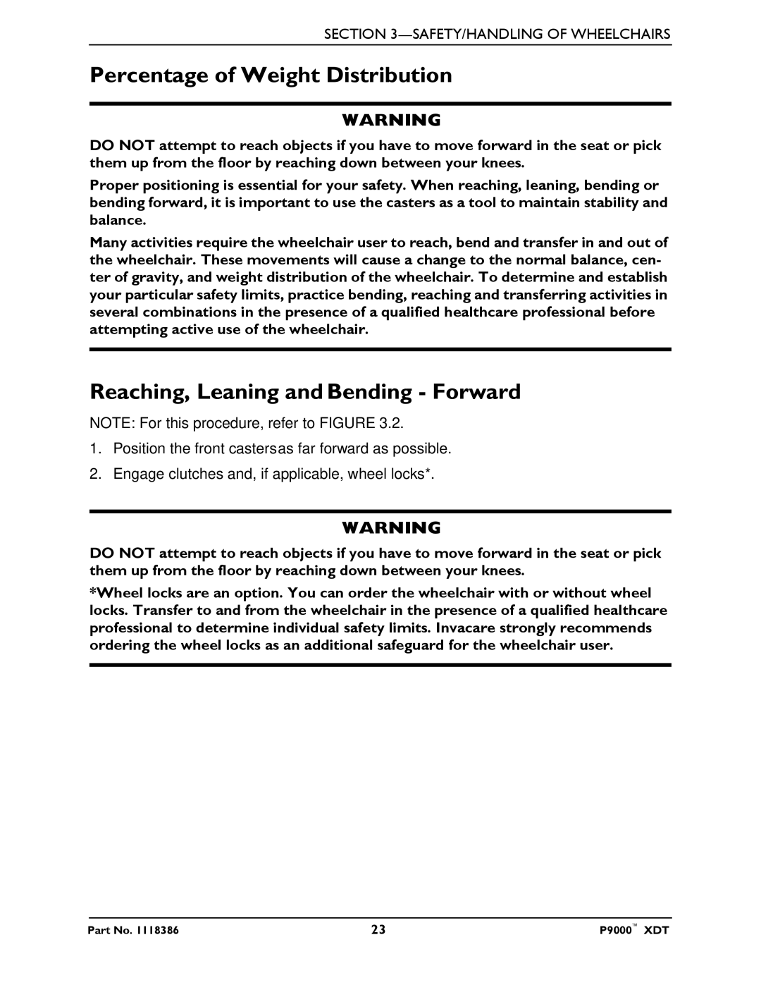 Invacare P9000 XDT manual Percentage of Weight Distribution, Reaching, Leaning and Bending Forward 